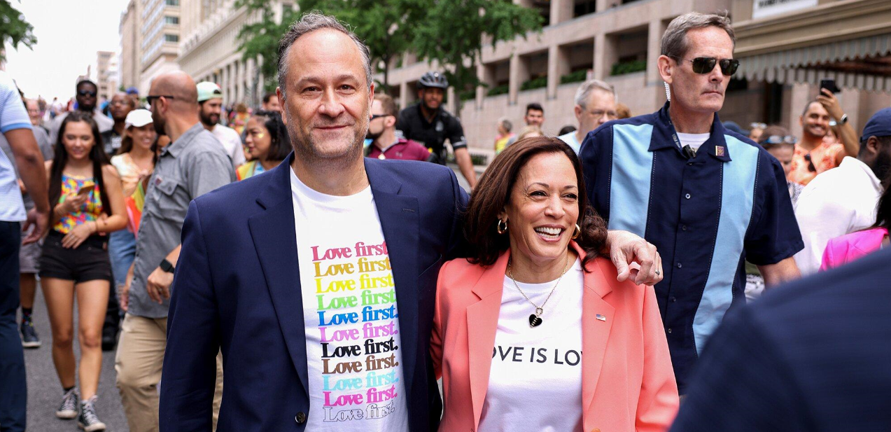 US Vice President Kamala Harris and her husband Douglas take part in a pride march