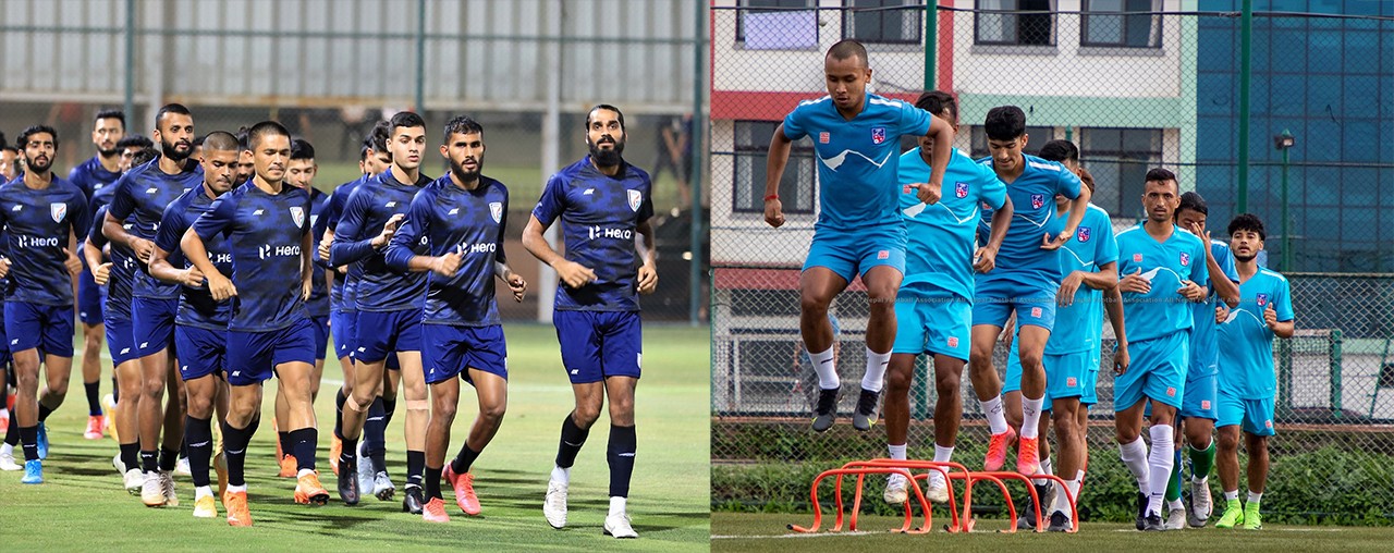 Nepal and India playing football at Dasharath Stadium