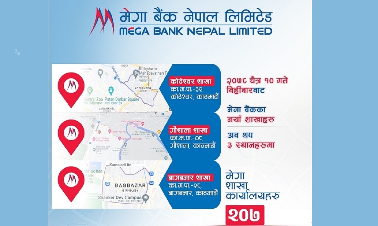 Mega Bank expands 3 branches in Kathmandu at once