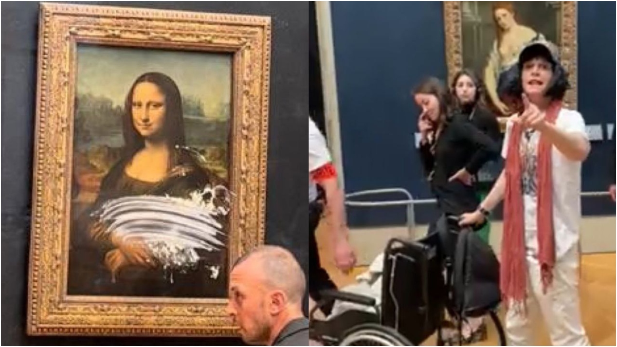 Mona Lisa: Man dressed as old woman throws cake at da Vinci painting