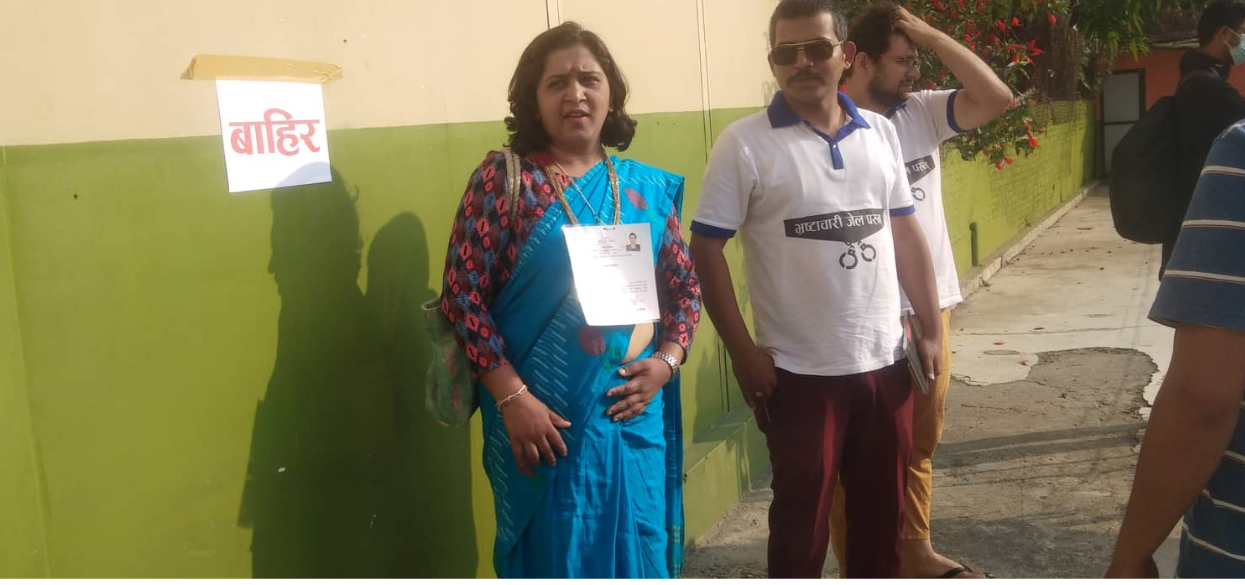 Baskota, the leader of Bibeksheel Sajha cast her vote