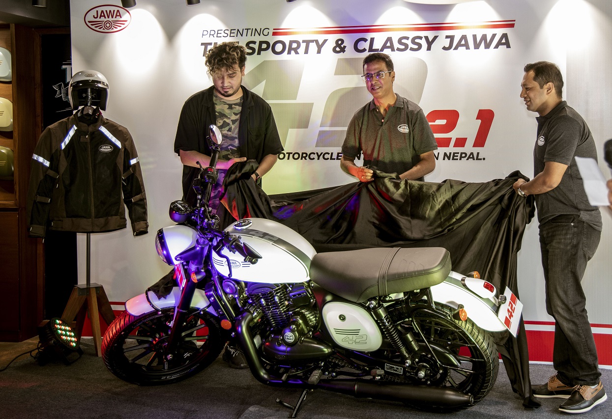 Jawa 42 sports stripe motorcycle accessible in Nepal market