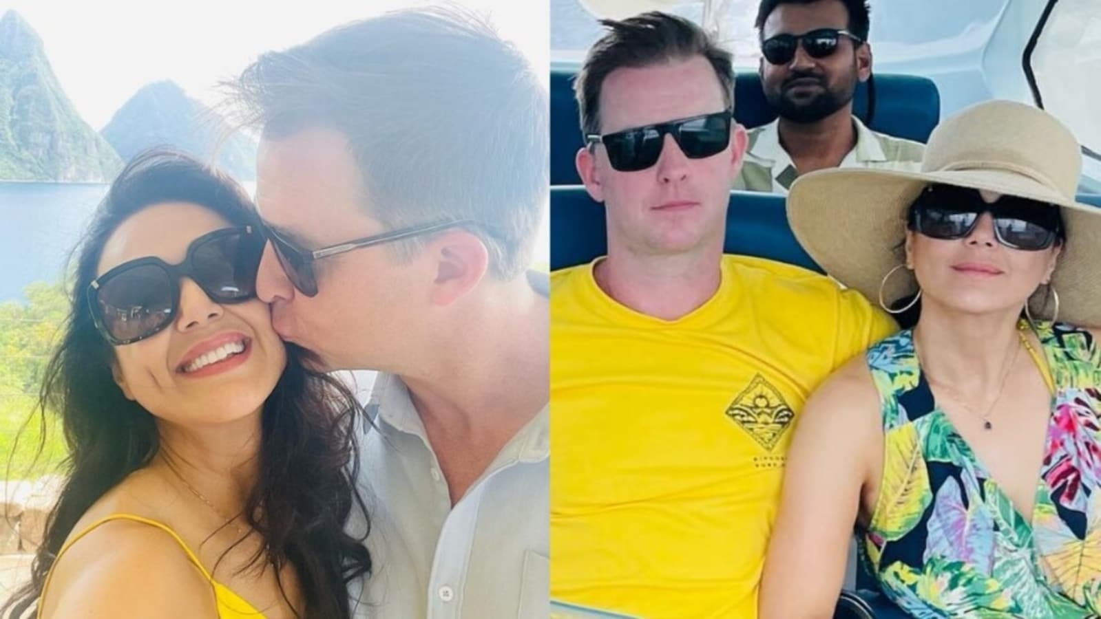 Preity Zinta smiles as she gets a kiss from husband on Caribbean vacation