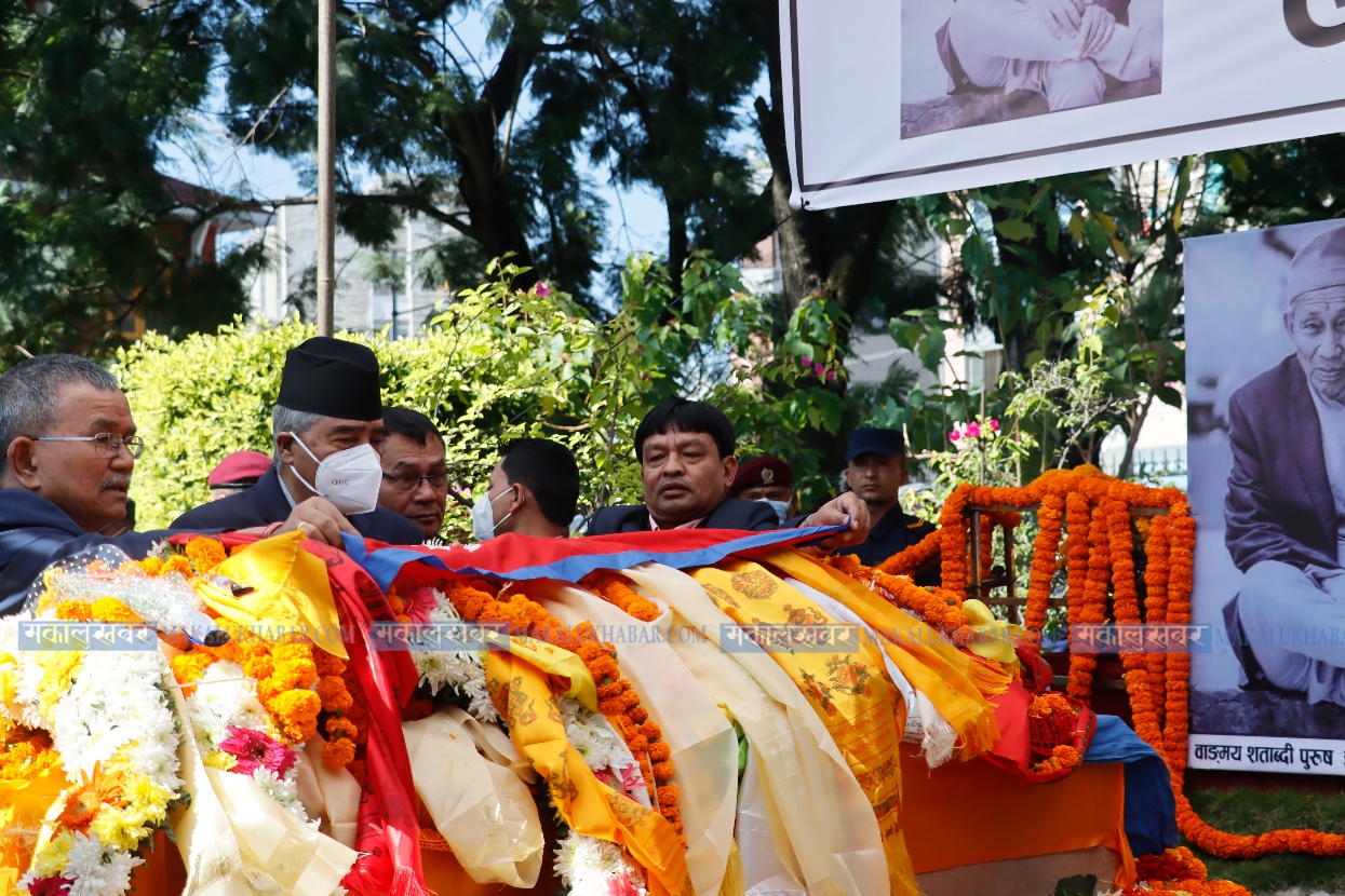 In Pics: PM Deuba draped national flag over Satya Mohan’s mortal remains