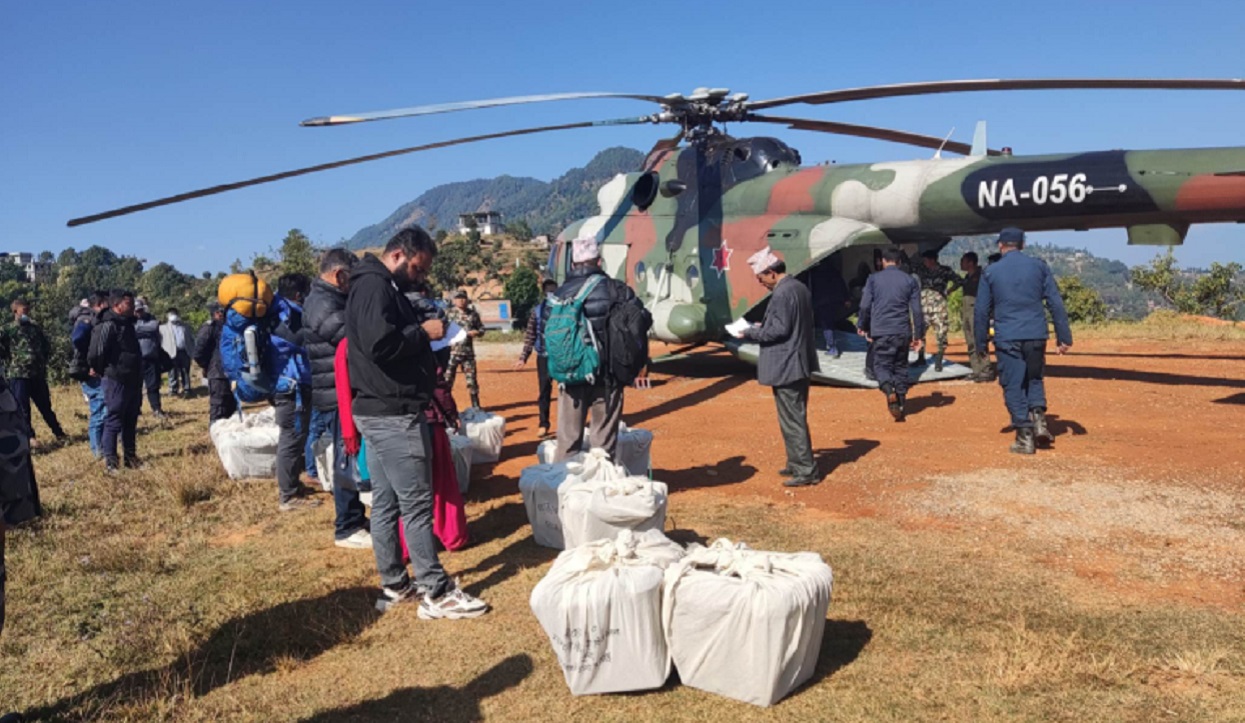 Ballot boxes being airlifted from Gorkha’s northern belt