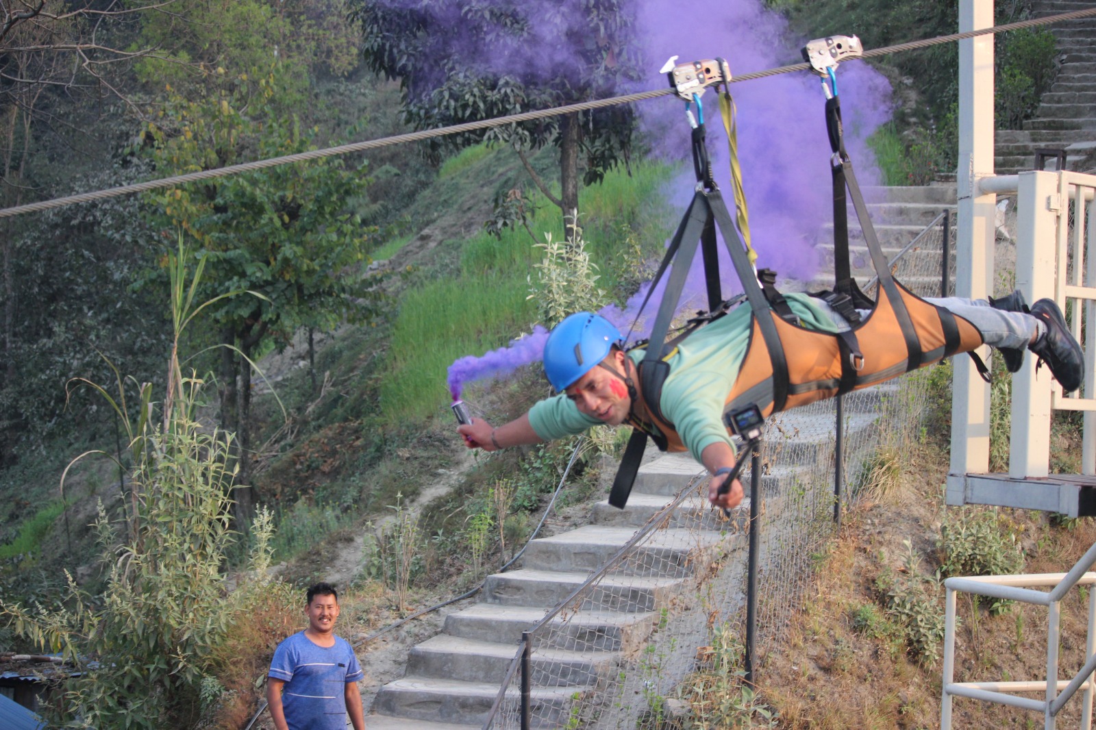 In Pics: Holi’s fun in Dhulikhel zipline