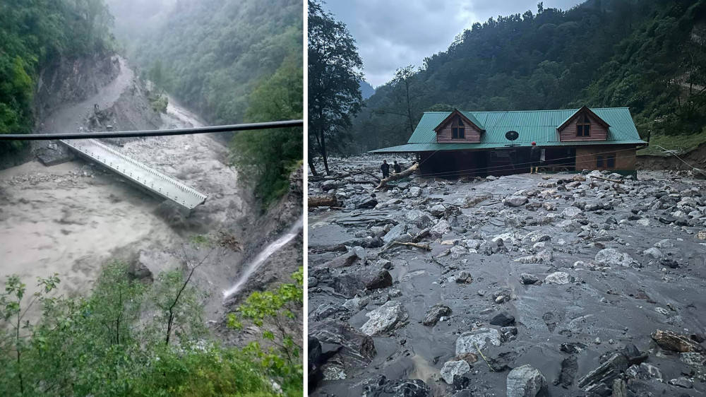 Motorable bridge & houses swept away by flooding of the Kabeli river