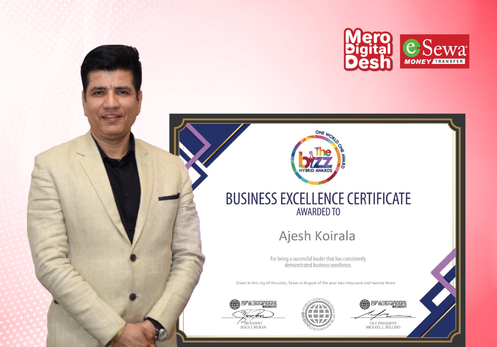 eSewa Money Transfer CEO, Ajesh Koirala, receives prestigious ‘Business Excellence Certificate’