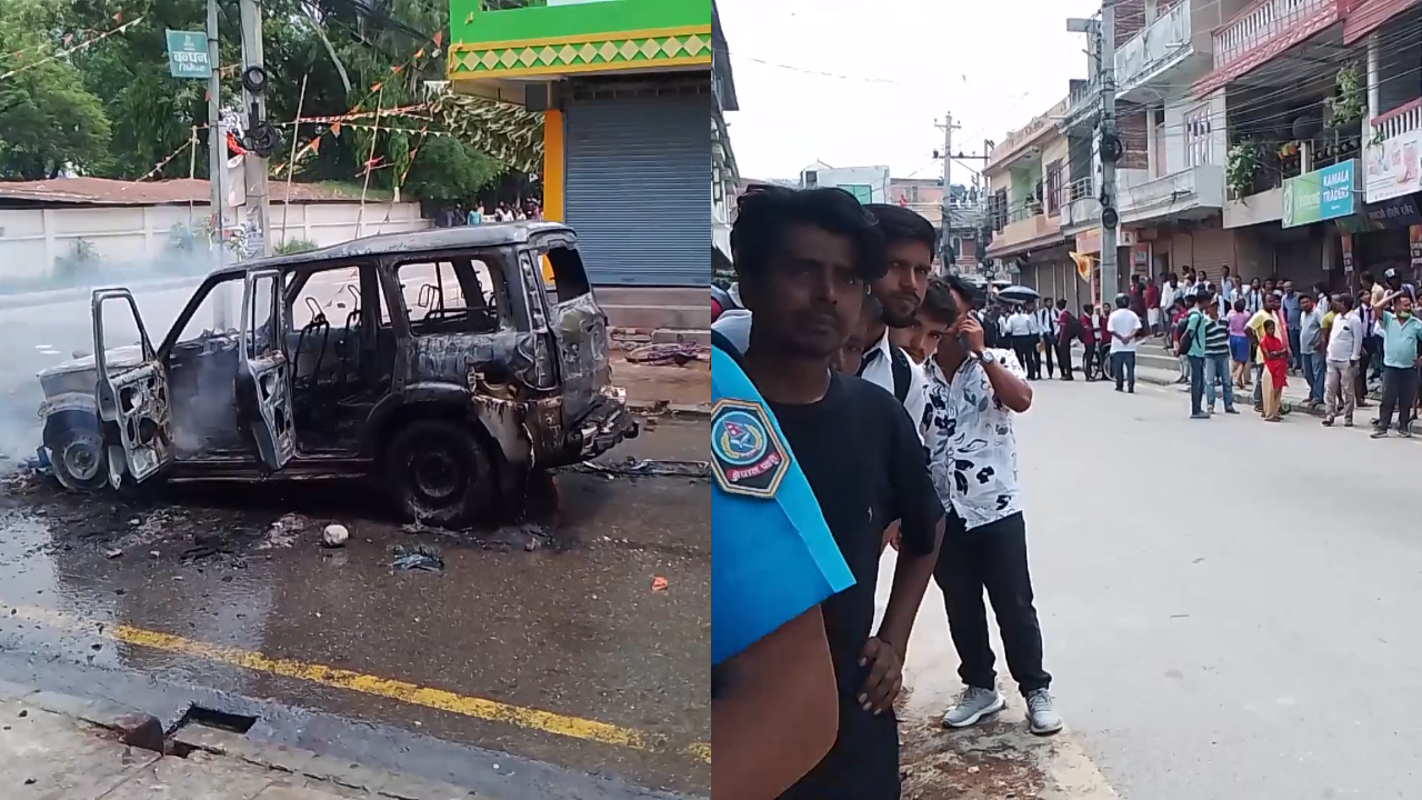 Students set fire & vandalize govt vehicle in Biratnagar