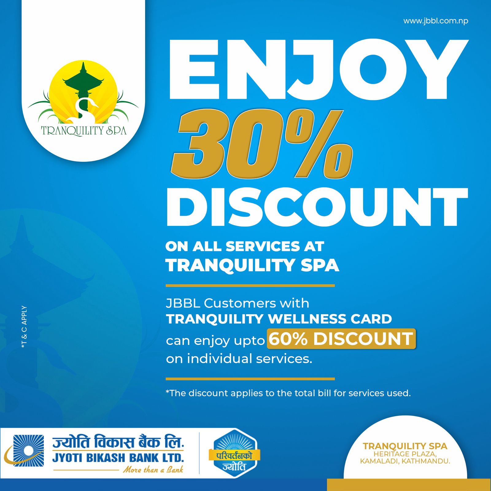 JBBL customers to receive up to 30% special discount at “Tranquility Spa”