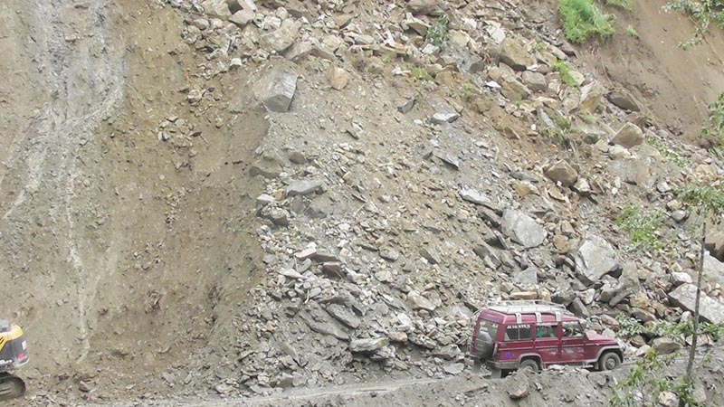 Dry landslide damages eight containers near Tatopani in Rasuwa