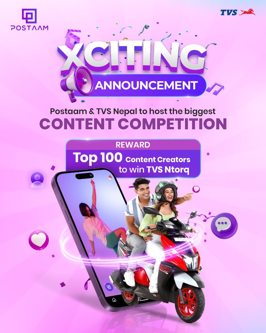 Jagdamba Motors & Postaam to award 100 TVS Ntorq scooters to top 100 Nepali content creators