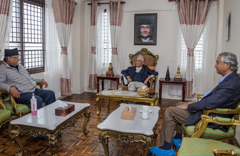 Deuba & Prachanda meet PM Oli at Baluwatar