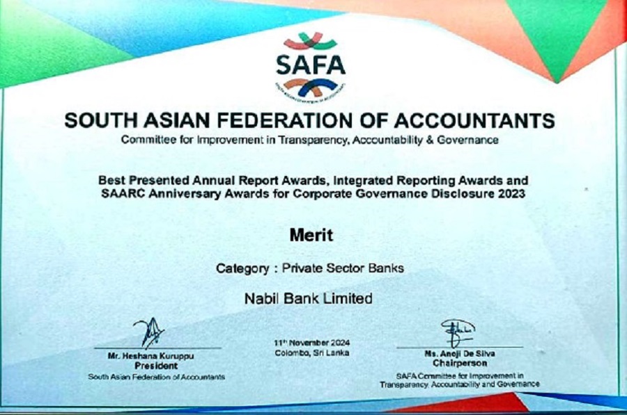 Nabil Bank wins merit award for Best Financial Reporting at SAFA awards