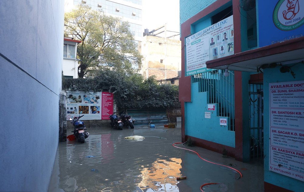 Pipe burst floods Thapathali area, road blocked