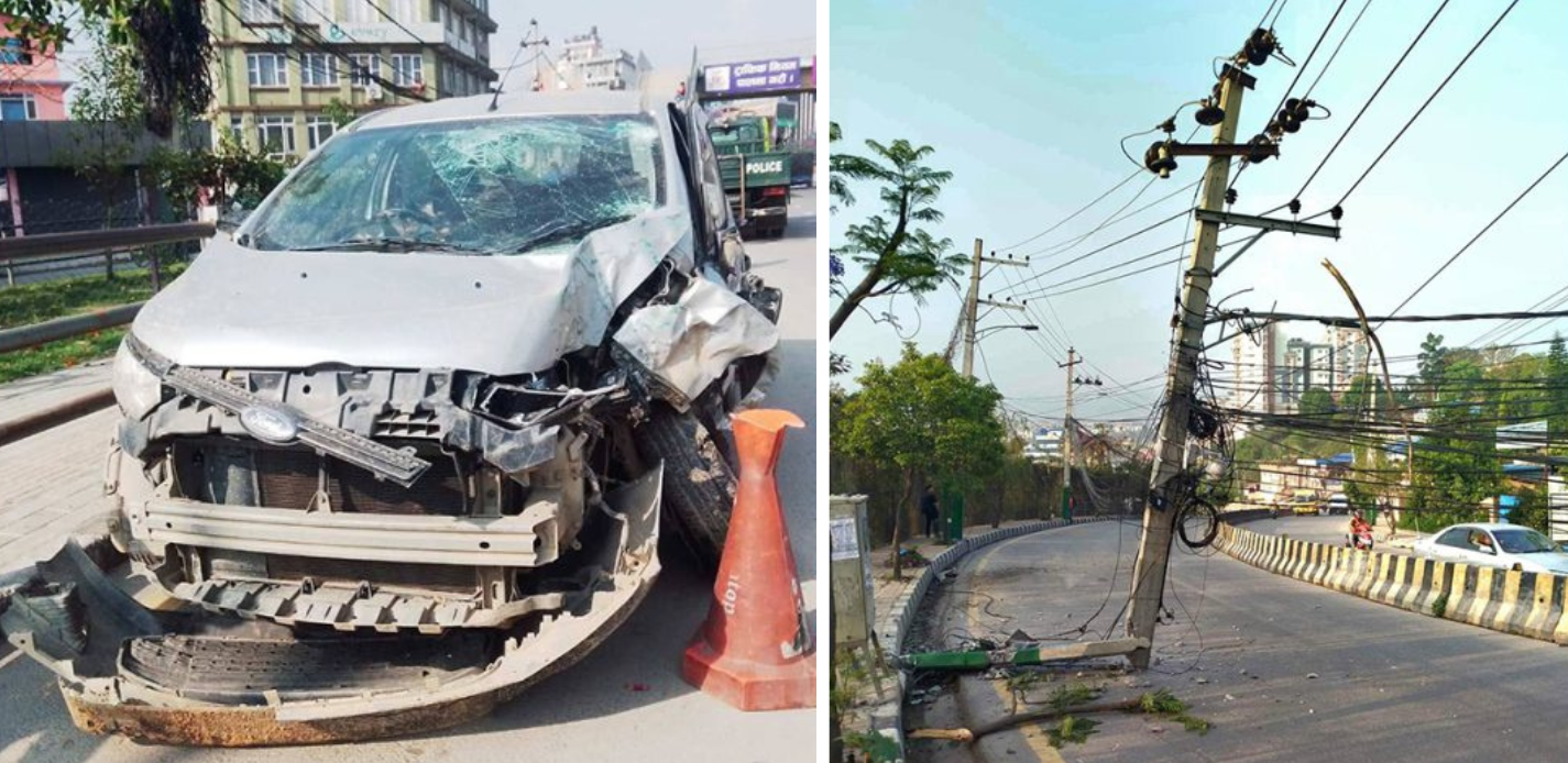 Drunk driving crash in Lalitpur disrupts traffic after car hits power pole