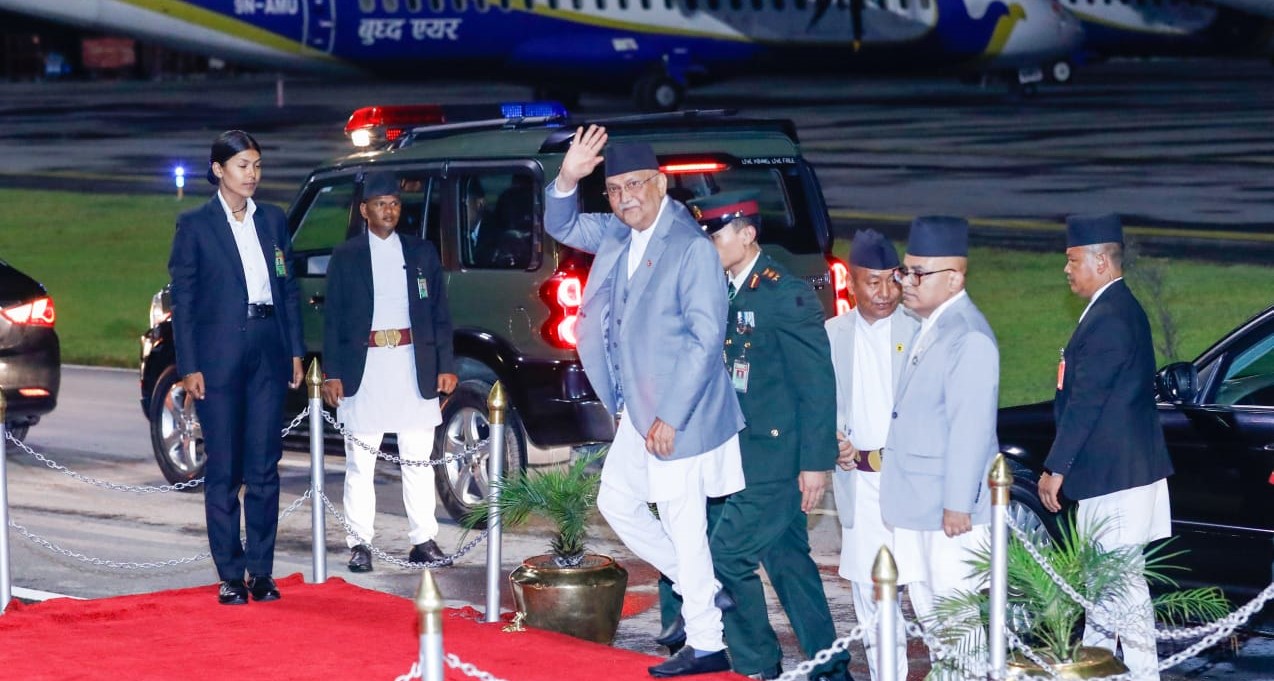 PM Oli returns after addressing global landlocked nations summit (photos)