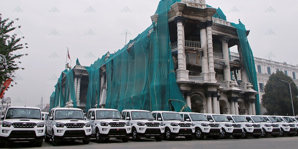 Election vehicles at burned Singha Durbar (photos)